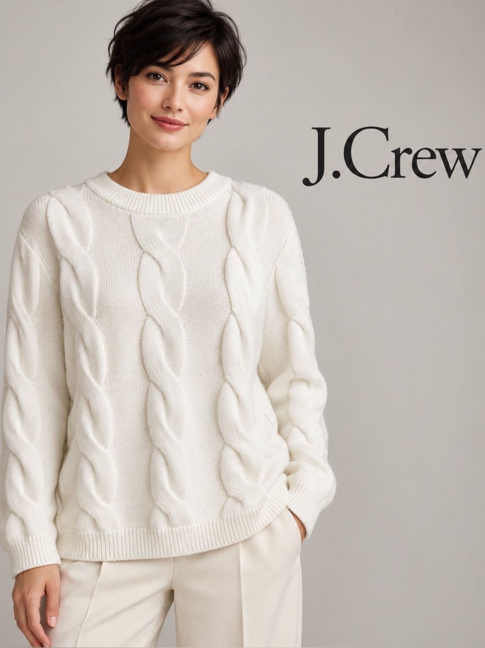 🌸J.Crew Ivory Cable Knit Crewneck Sweater size L Quiet Luxury Preppy Chunky